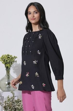 W for Woman Black Embroidered Cotton Top With Schiffli Yoke