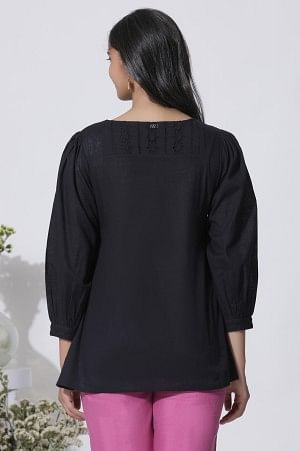 W for Woman Black Embroidered Cotton Top With Schiffli Yoke