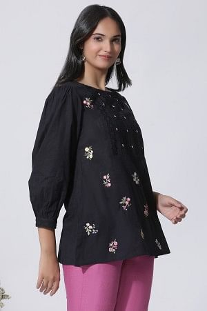 W for Woman Black Embroidered Cotton Top With Schiffli Yoke