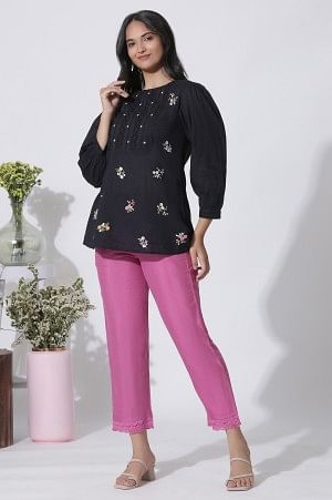 W for Woman Black Embroidered Cotton Top With Schiffli Yoke