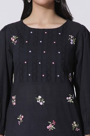 W for Woman Black Embroidered Cotton Top With Schiffli Yoke