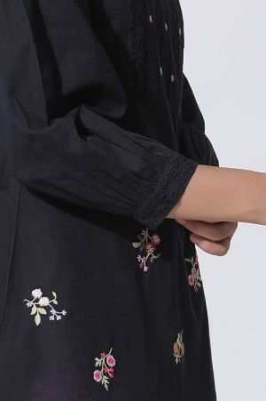 W for Woman Black Embroidered Cotton Top With Schiffli Yoke