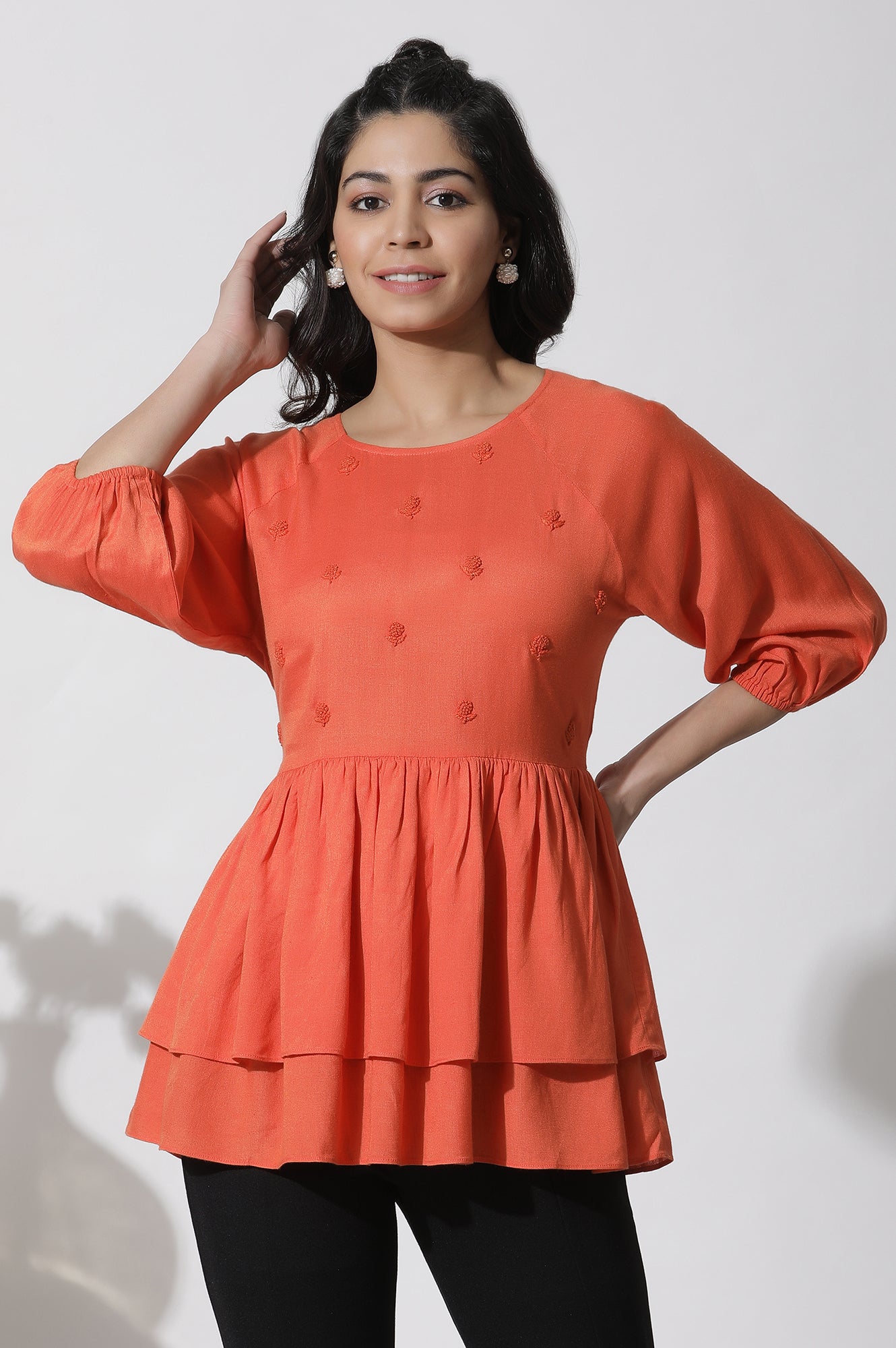 W for Woman Orange Embroidered Peplum Top