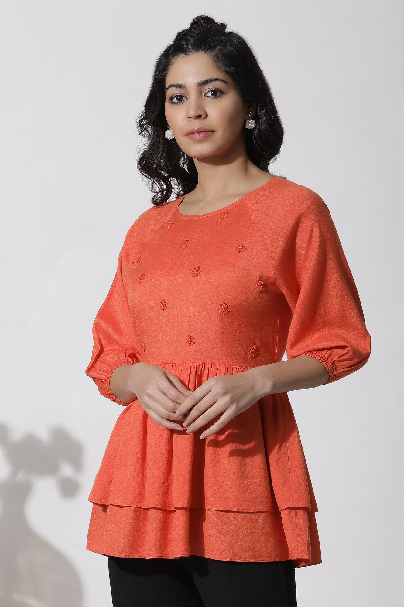 W for Woman Orange Embroidered Peplum Top