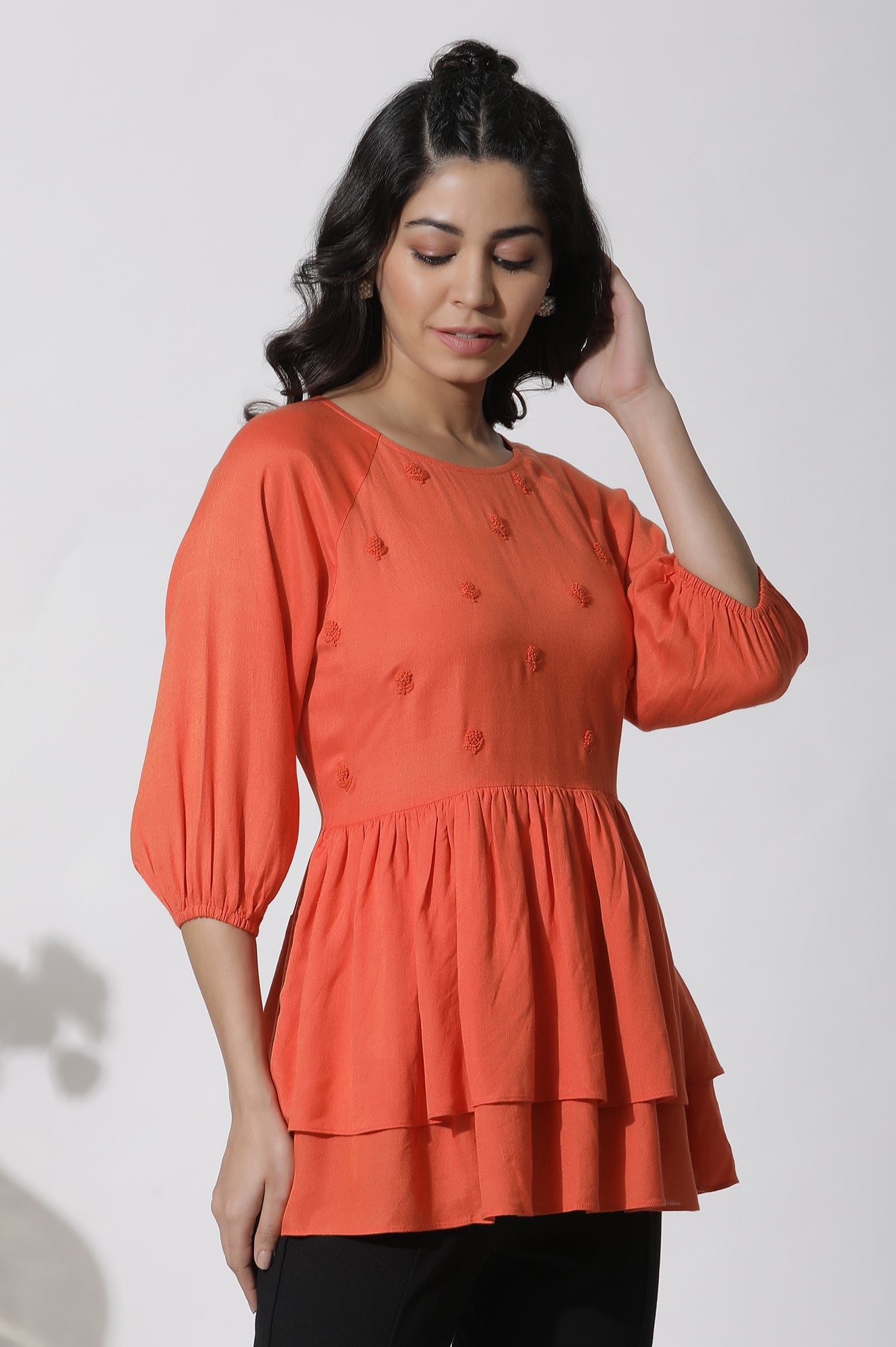 W for Woman Orange Embroidered Peplum Top