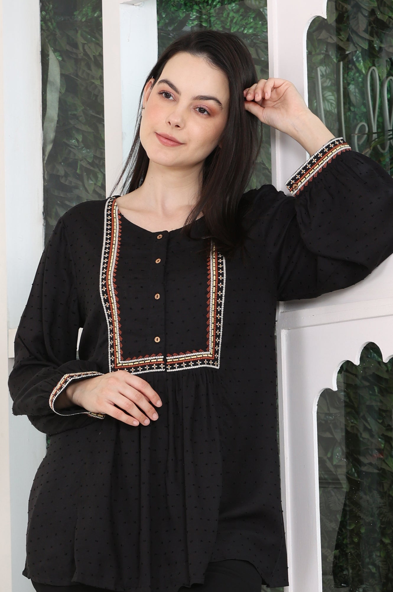 W for Woman Raven Black Textured Thread Embroidered Yoke Top