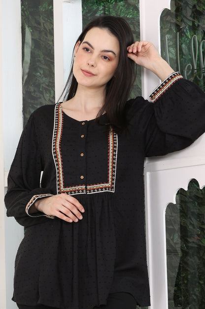 W for Woman Raven Black Textured Thread Embroidered Yoke Top