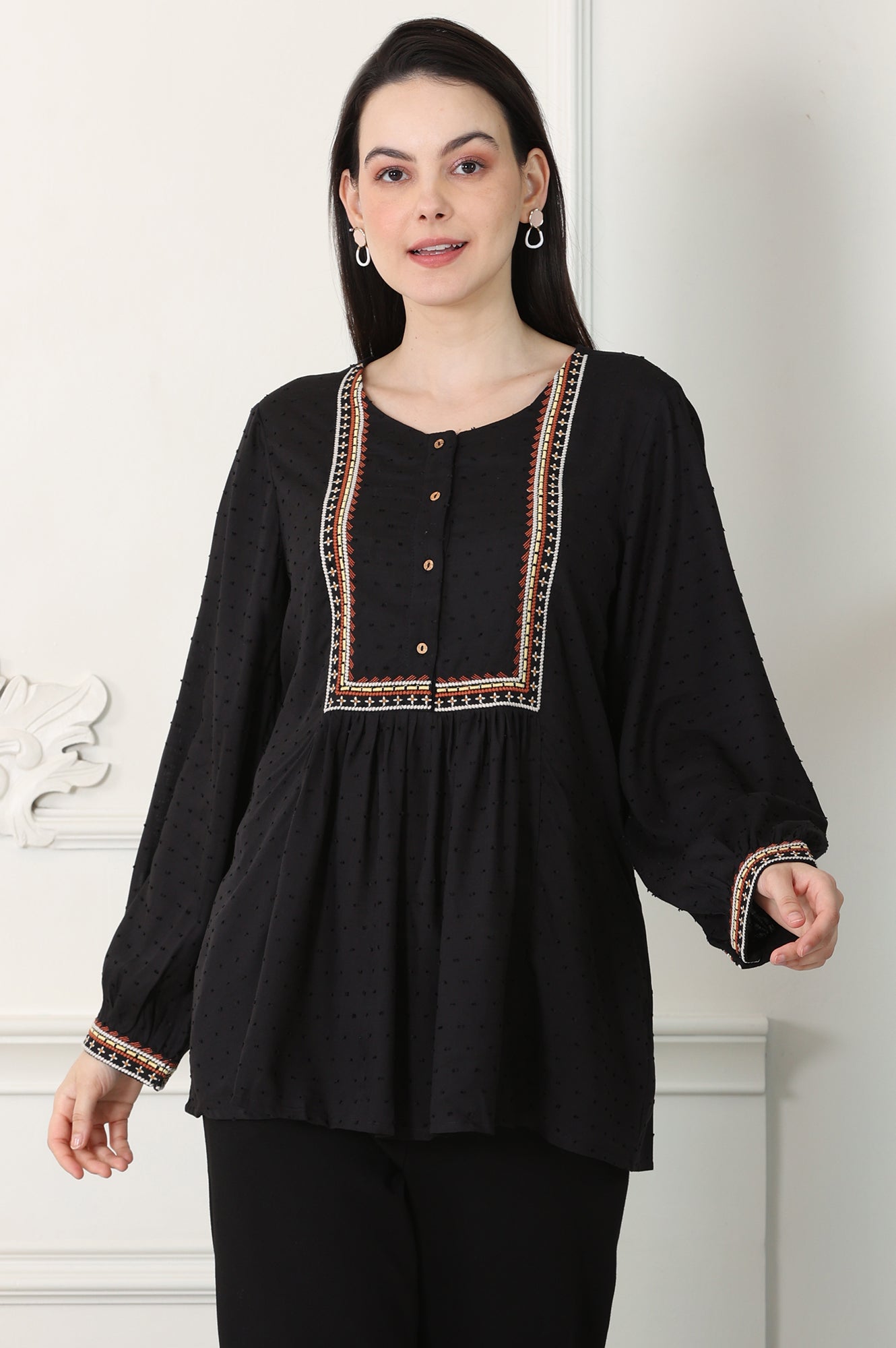 W for Woman Raven Black Textured Thread Embroidered Yoke Top