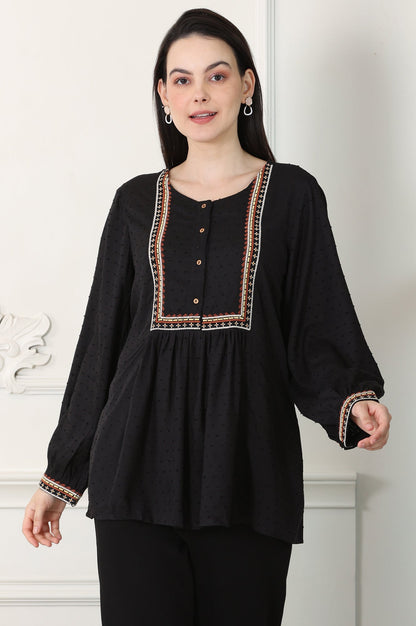 W for Woman Raven Black Textured Thread Embroidered Yoke Top