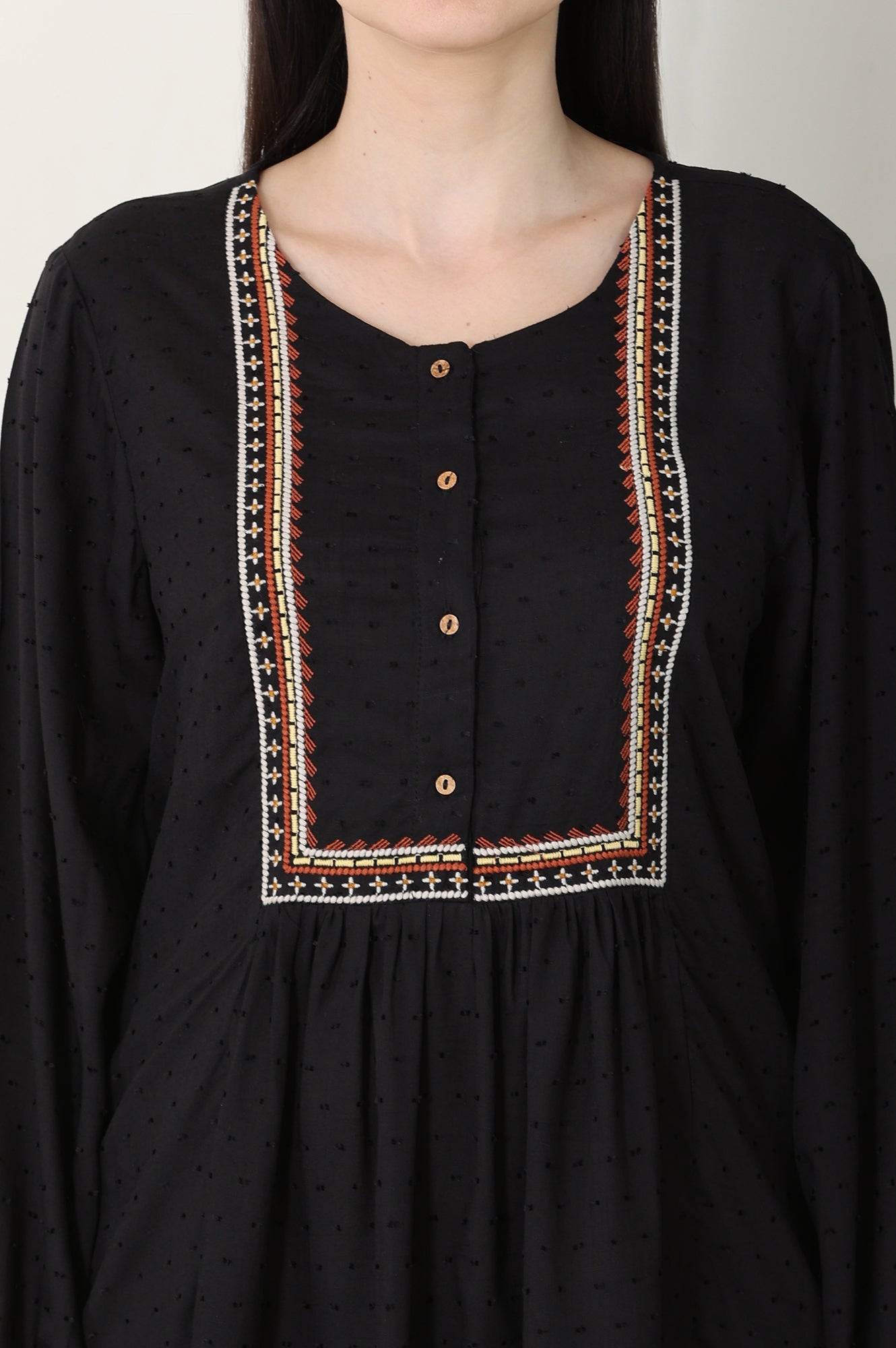 W for Woman Raven Black Textured Thread Embroidered Yoke Top