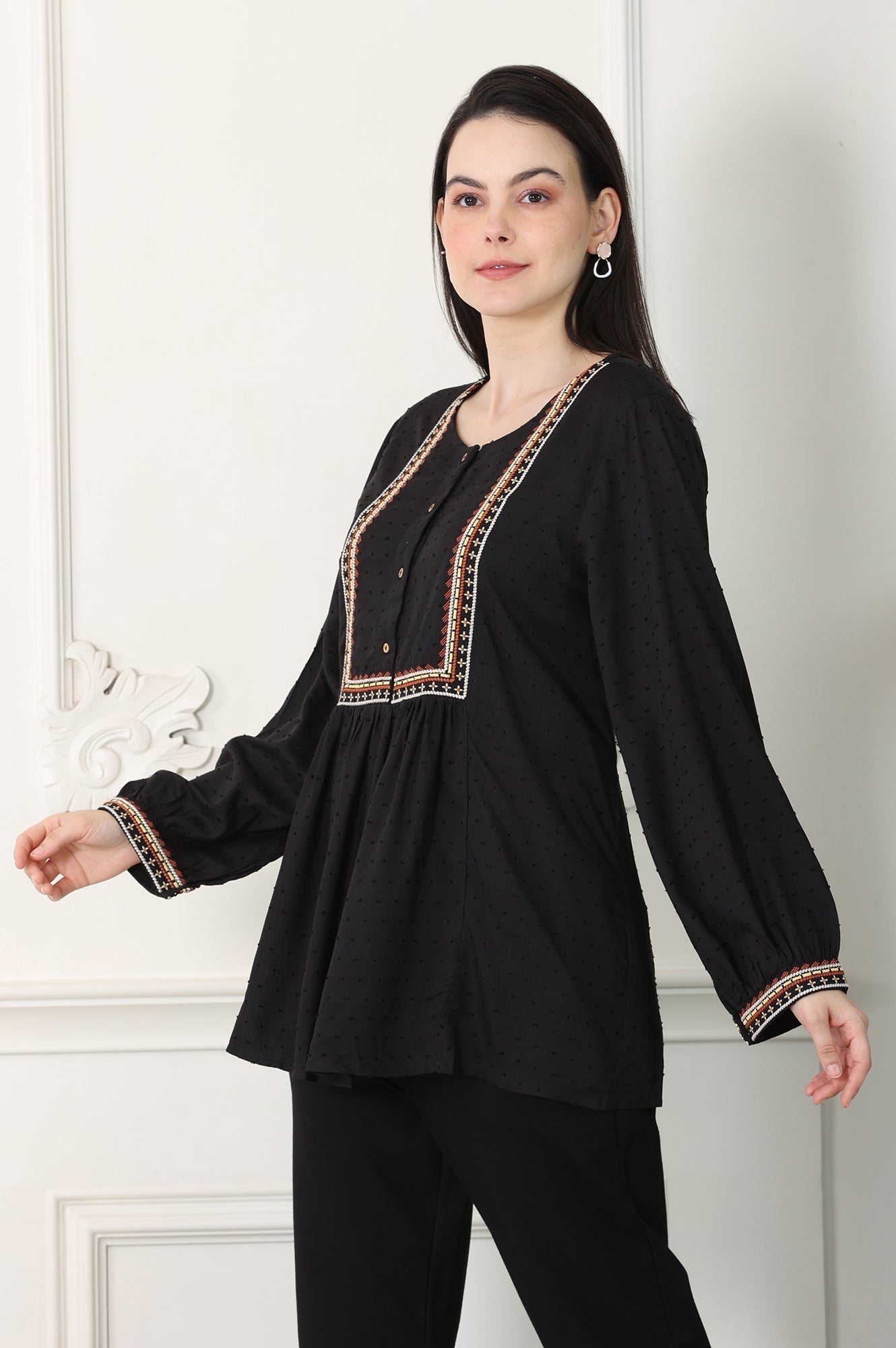 W for Woman Raven Black Textured Thread Embroidered Yoke Top
