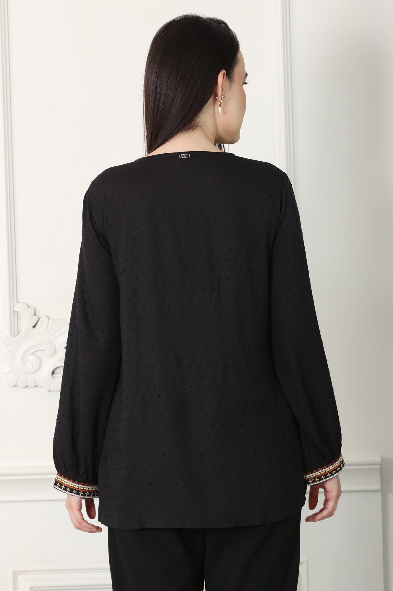 W for Woman Raven Black Textured Thread Embroidered Yoke Top