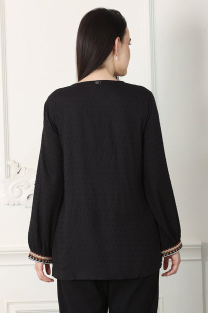 W for Woman Raven Black Textured Thread Embroidered Yoke Top