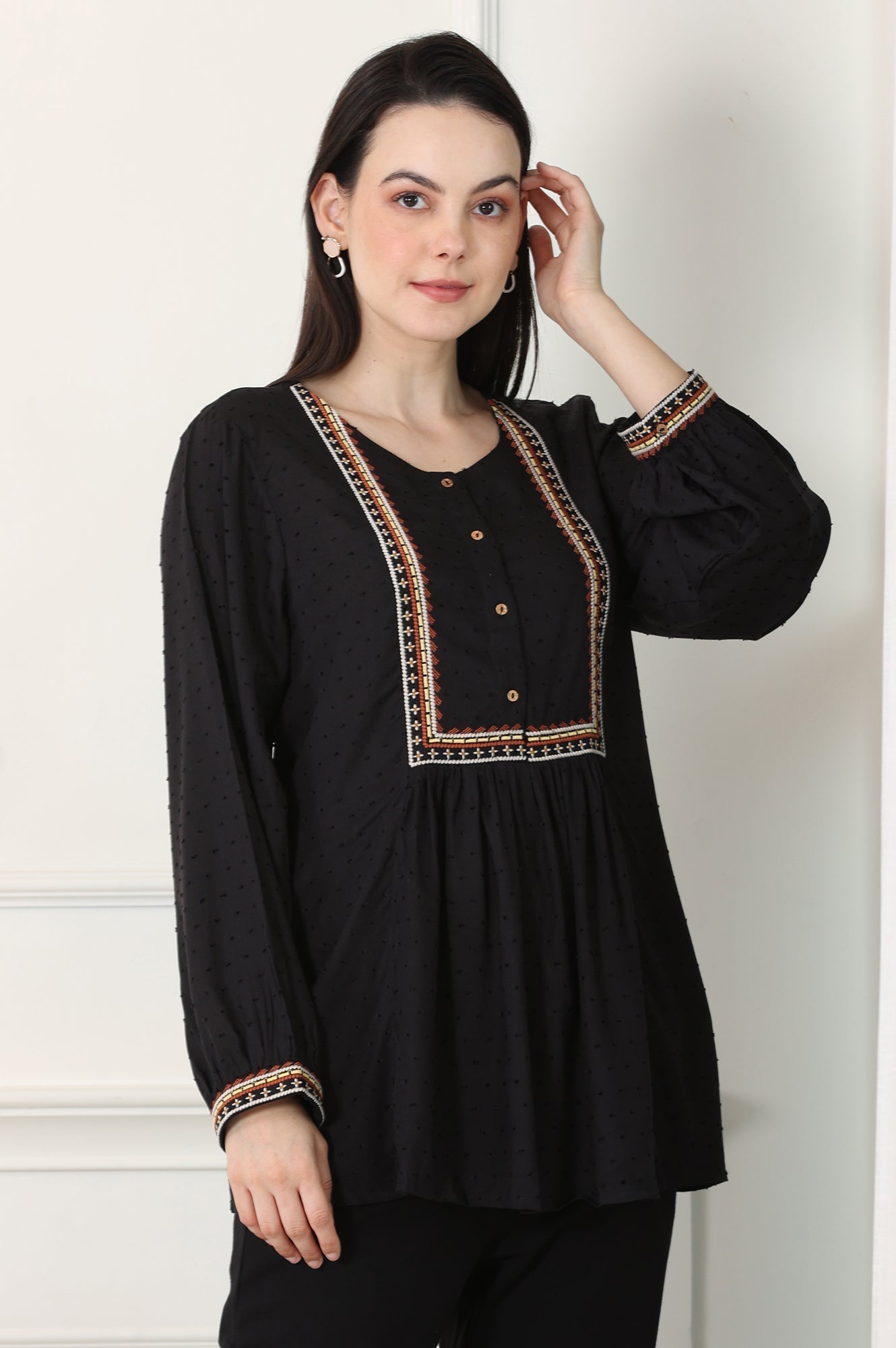 W for Woman Raven Black Textured Thread Embroidered Yoke Top