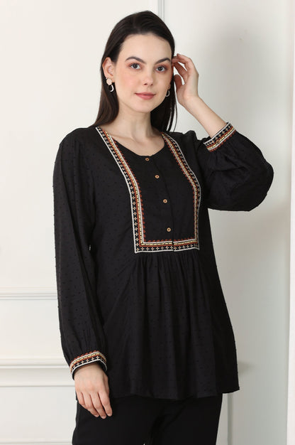W for Woman Raven Black Textured Thread Embroidered Yoke Top