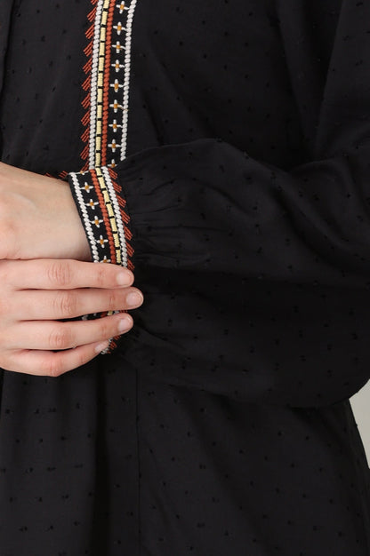 W for Woman Raven Black Textured Thread Embroidered Yoke Top