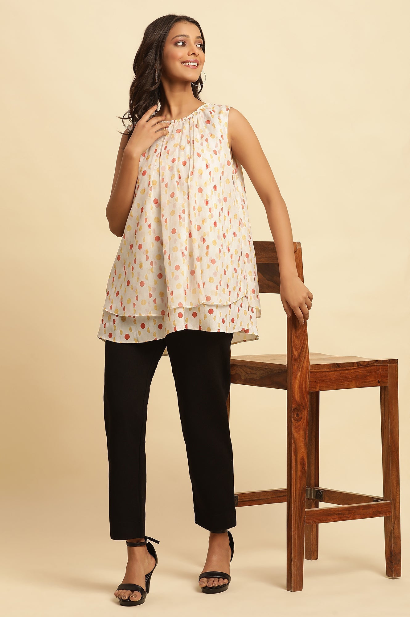 W for Woman White Polka Dot Printed Layered Top