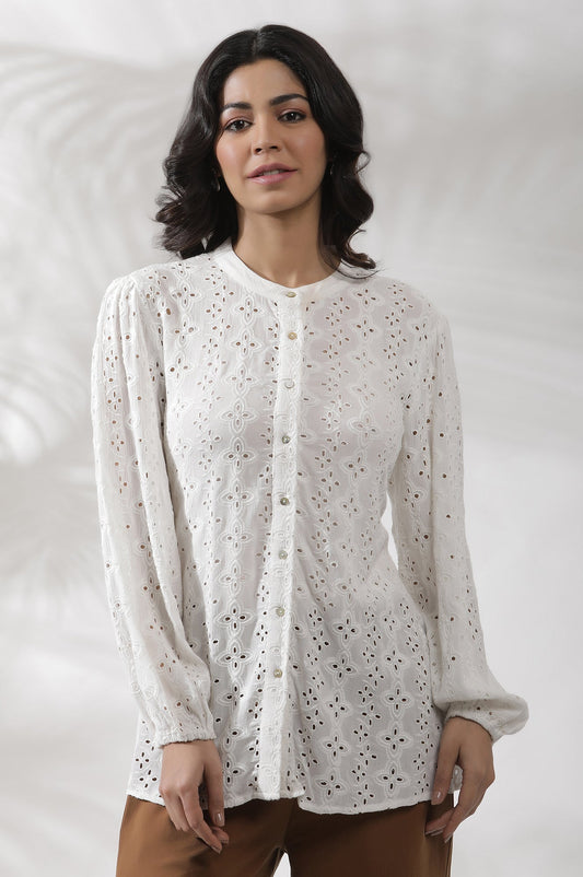 W for Woman White Schiffli Western Top