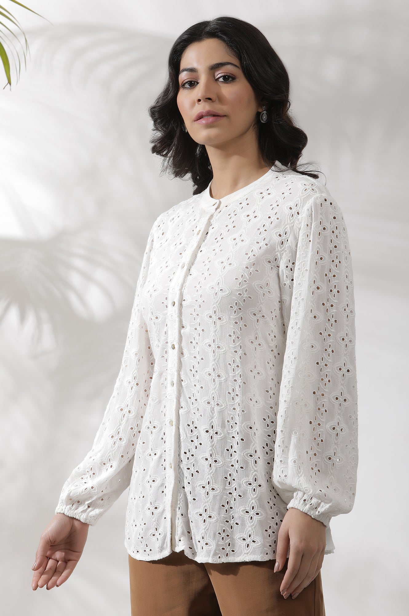 W for Woman White Schiffli Western Top