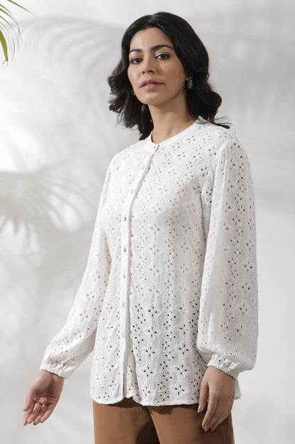 W for Woman White Schiffli Western Top