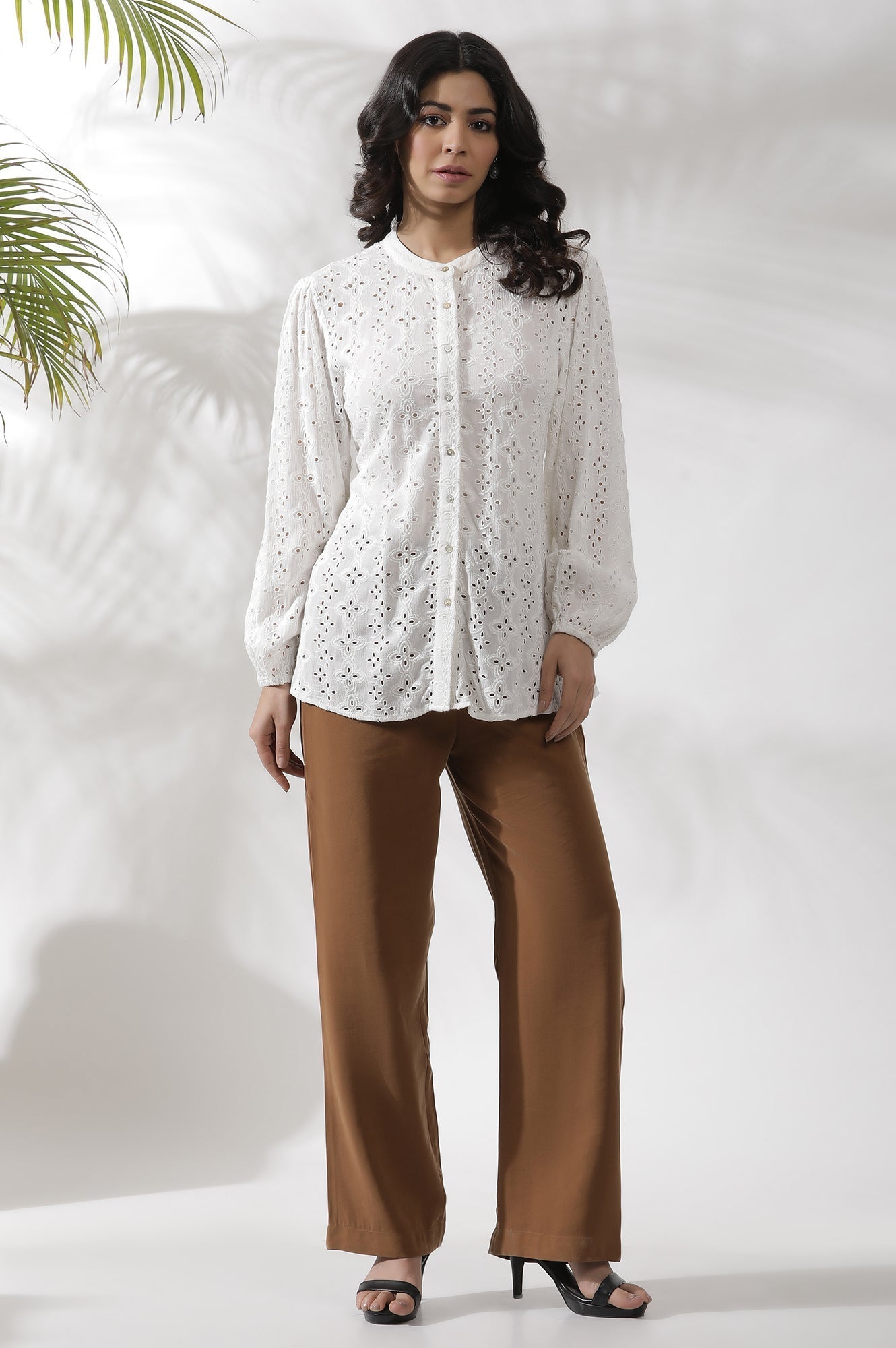W for Woman White Schiffli Western Top