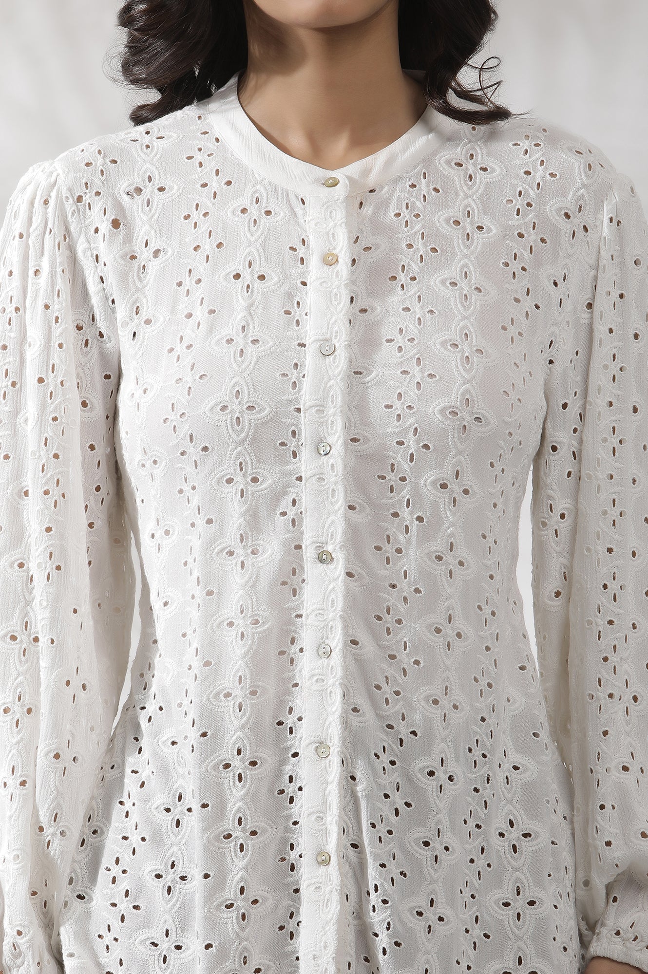 W for Woman White Schiffli Western Top