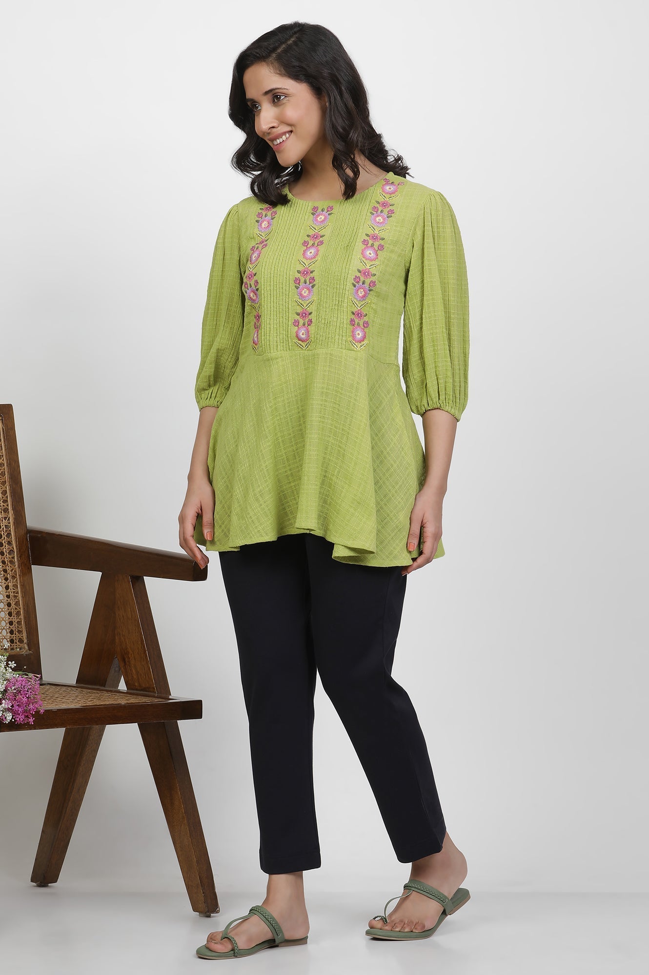 W for Woman Green Thread Embroidered Peplum Top