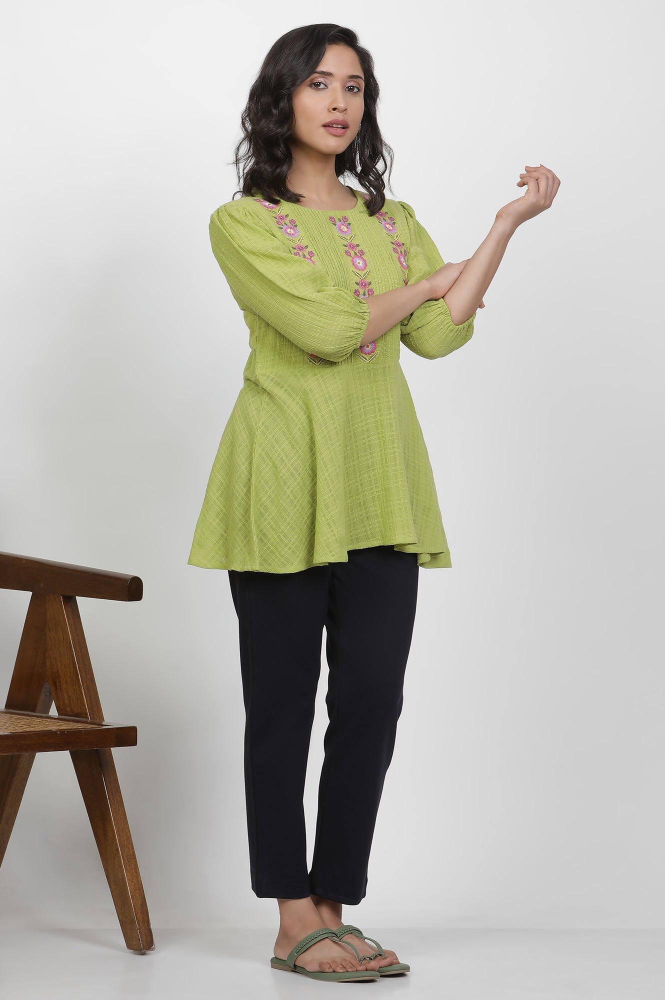 W for Woman Green Thread Embroidered Peplum Top