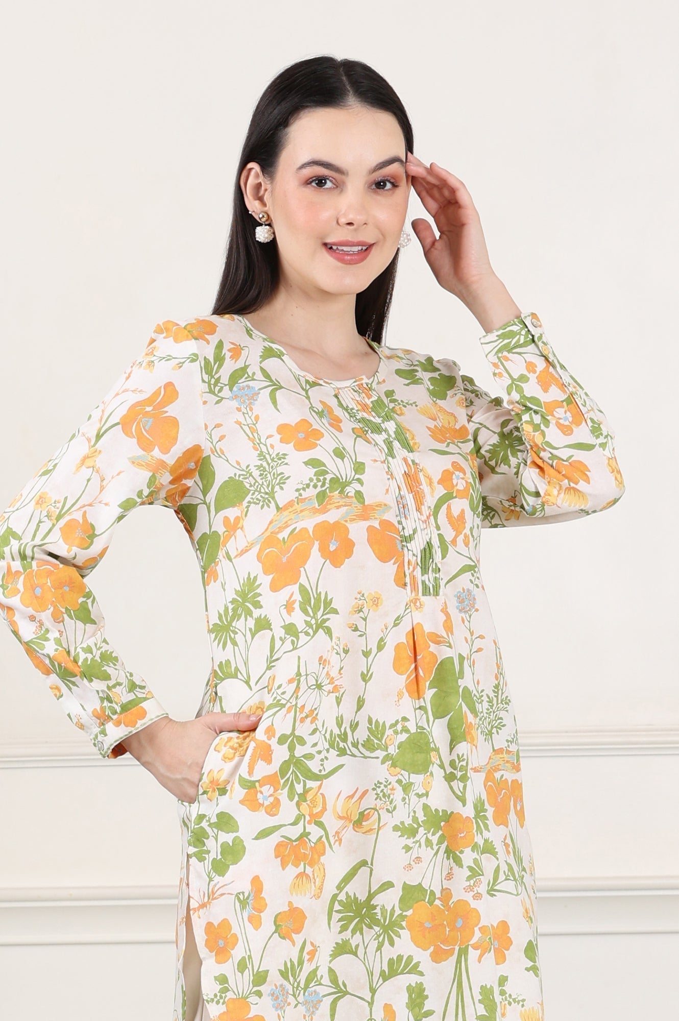 W for Woman White Floral Printed Rayon Tunic With Pintuck Placket