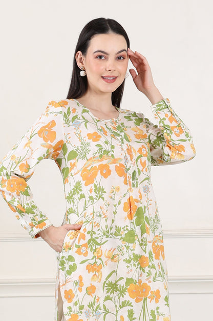 W for Woman White Floral Printed Rayon Tunic With Pintuck Placket