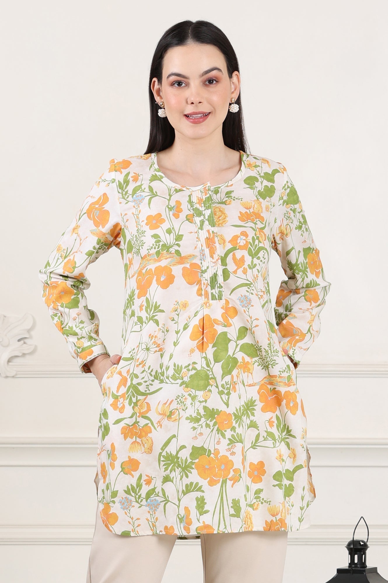 W for Woman White Floral Printed Rayon Tunic With Pintuck Placket