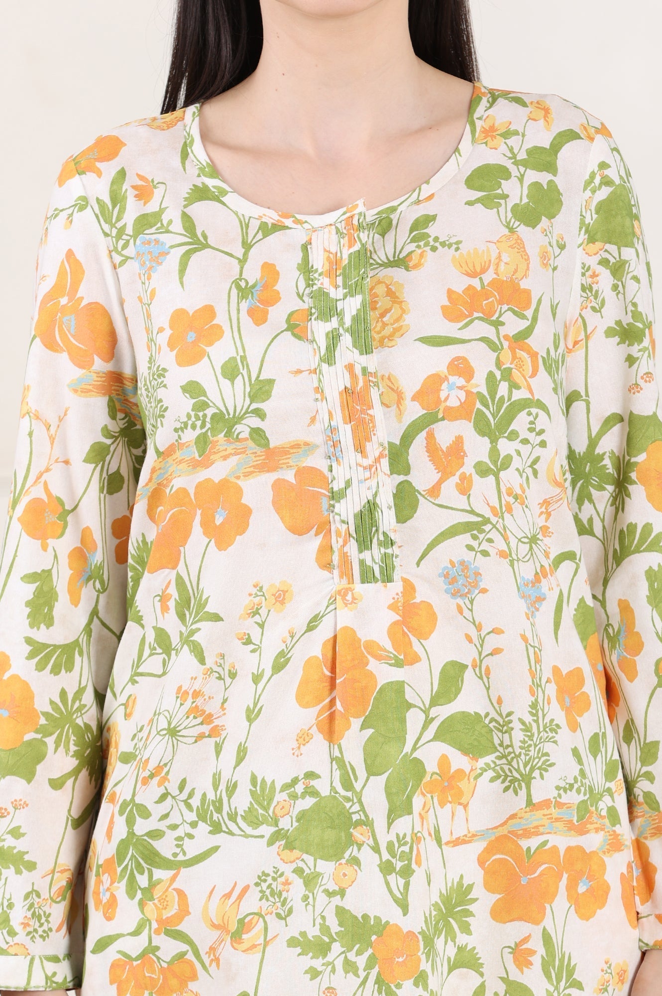 W for Woman White Floral Printed Rayon Tunic With Pintuck Placket