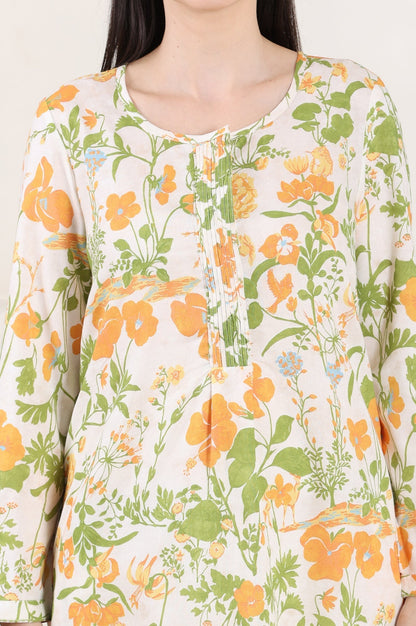 W for Woman White Floral Printed Rayon Tunic With Pintuck Placket