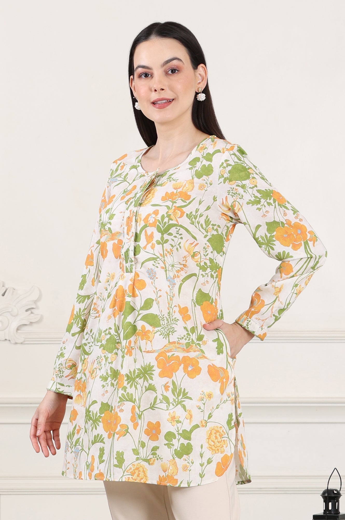 W for Woman White Floral Printed Rayon Tunic With Pintuck Placket