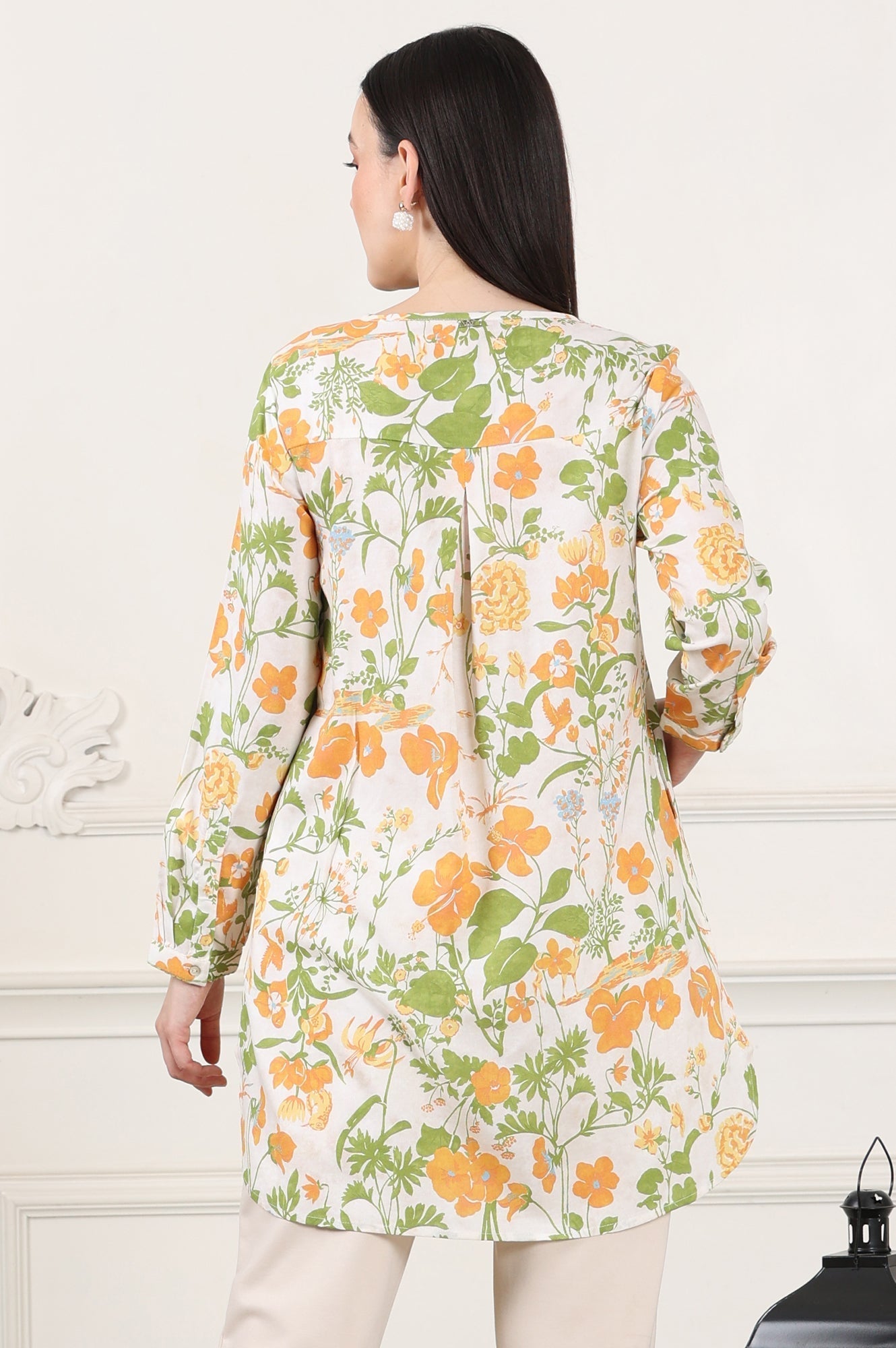 W for Woman White Floral Printed Rayon Tunic With Pintuck Placket