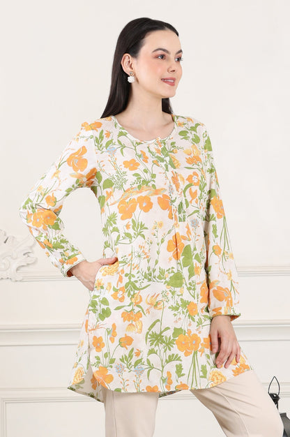 W for Woman White Floral Printed Rayon Tunic With Pintuck Placket