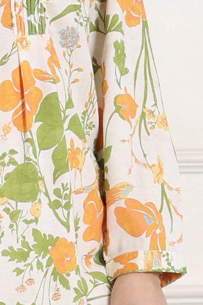 W for Woman White Floral Printed Rayon Tunic With Pintuck Placket
