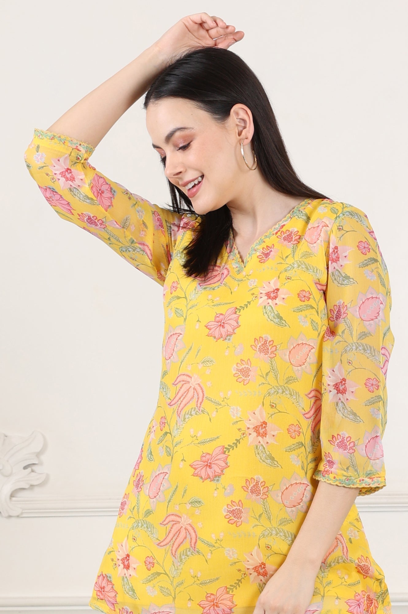 W for Woman Yellow Floral Printed Chiffon Tunic With Embroidered Neckline