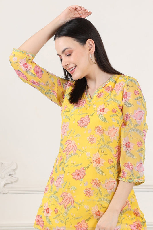 W for Woman Yellow Floral Printed Chiffon Tunic With Embroidered Neckline