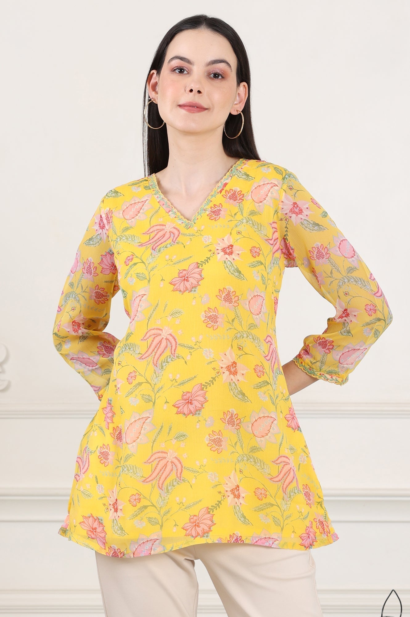 W for Woman Yellow Floral Printed Chiffon Tunic With Embroidered Neckline