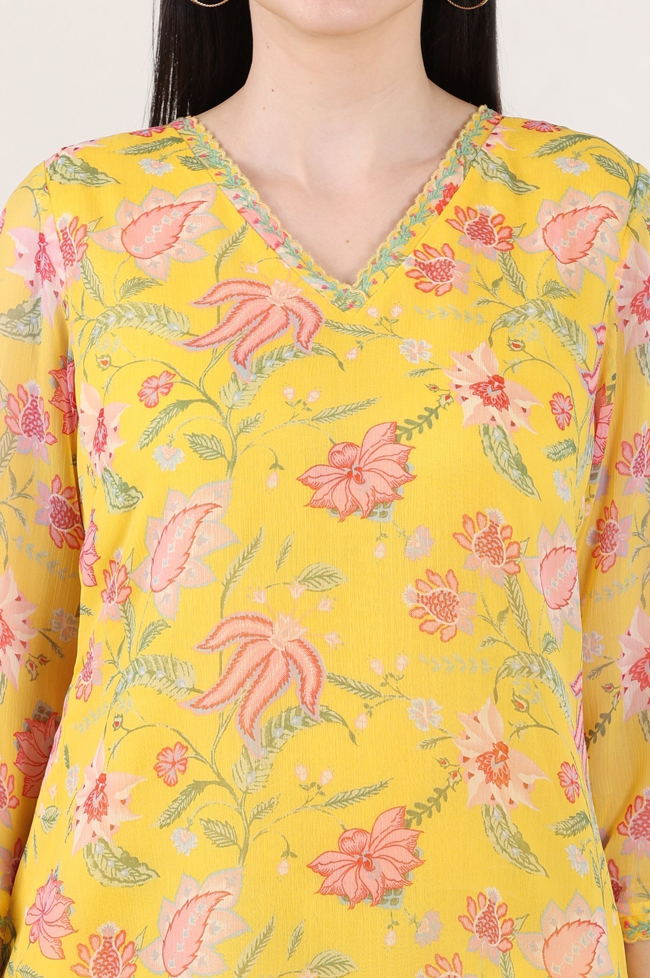 W for Woman Yellow Floral Printed Chiffon Tunic With Embroidered Neckline