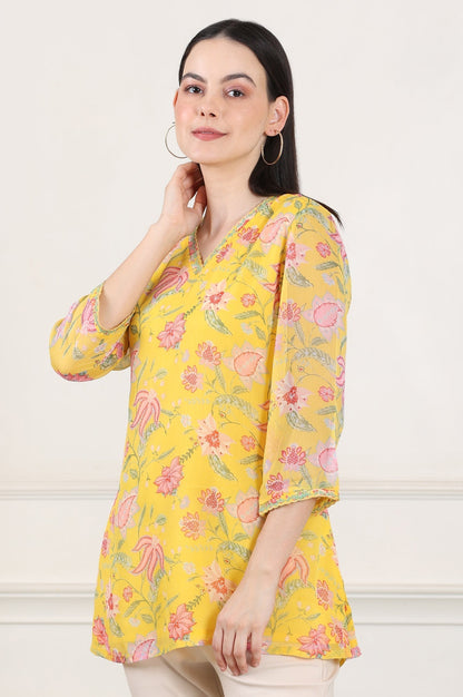 W for Woman Yellow Floral Printed Chiffon Tunic With Embroidered Neckline