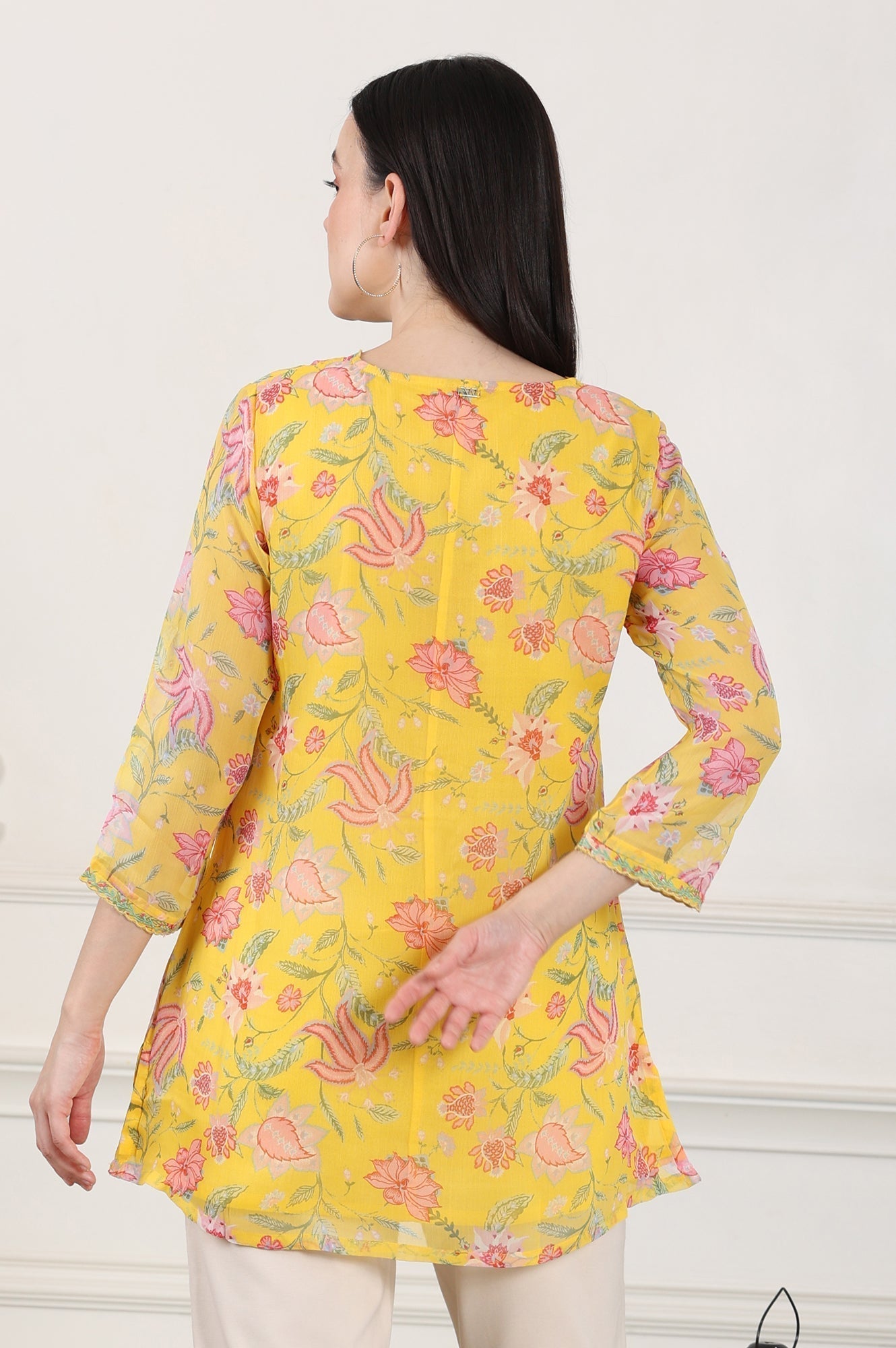 W for Woman Yellow Floral Printed Chiffon Tunic With Embroidered Neckline