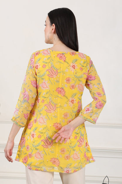 W for Woman Yellow Floral Printed Chiffon Tunic With Embroidered Neckline