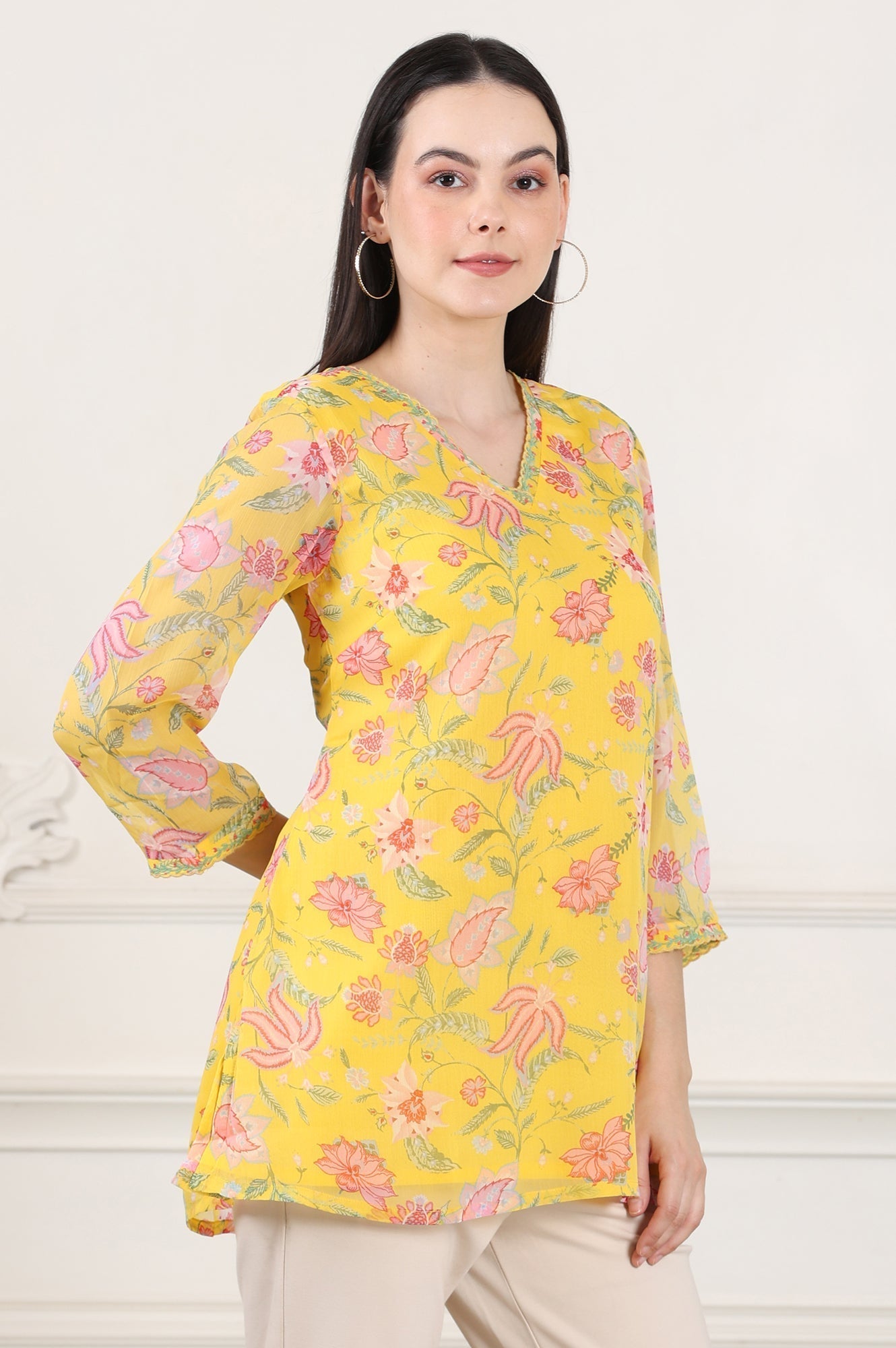 W for Woman Yellow Floral Printed Chiffon Tunic With Embroidered Neckline