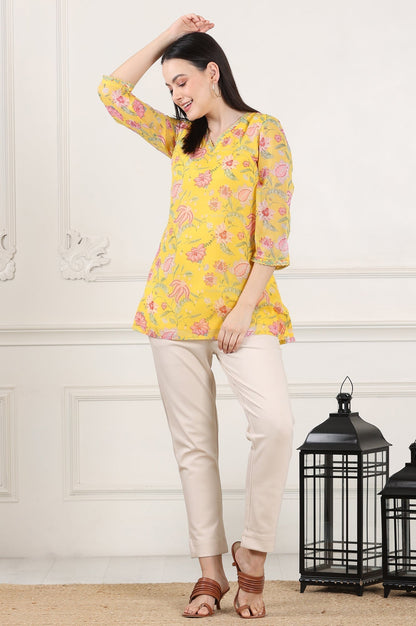 W for Woman Yellow Floral Printed Chiffon Tunic With Embroidered Neckline