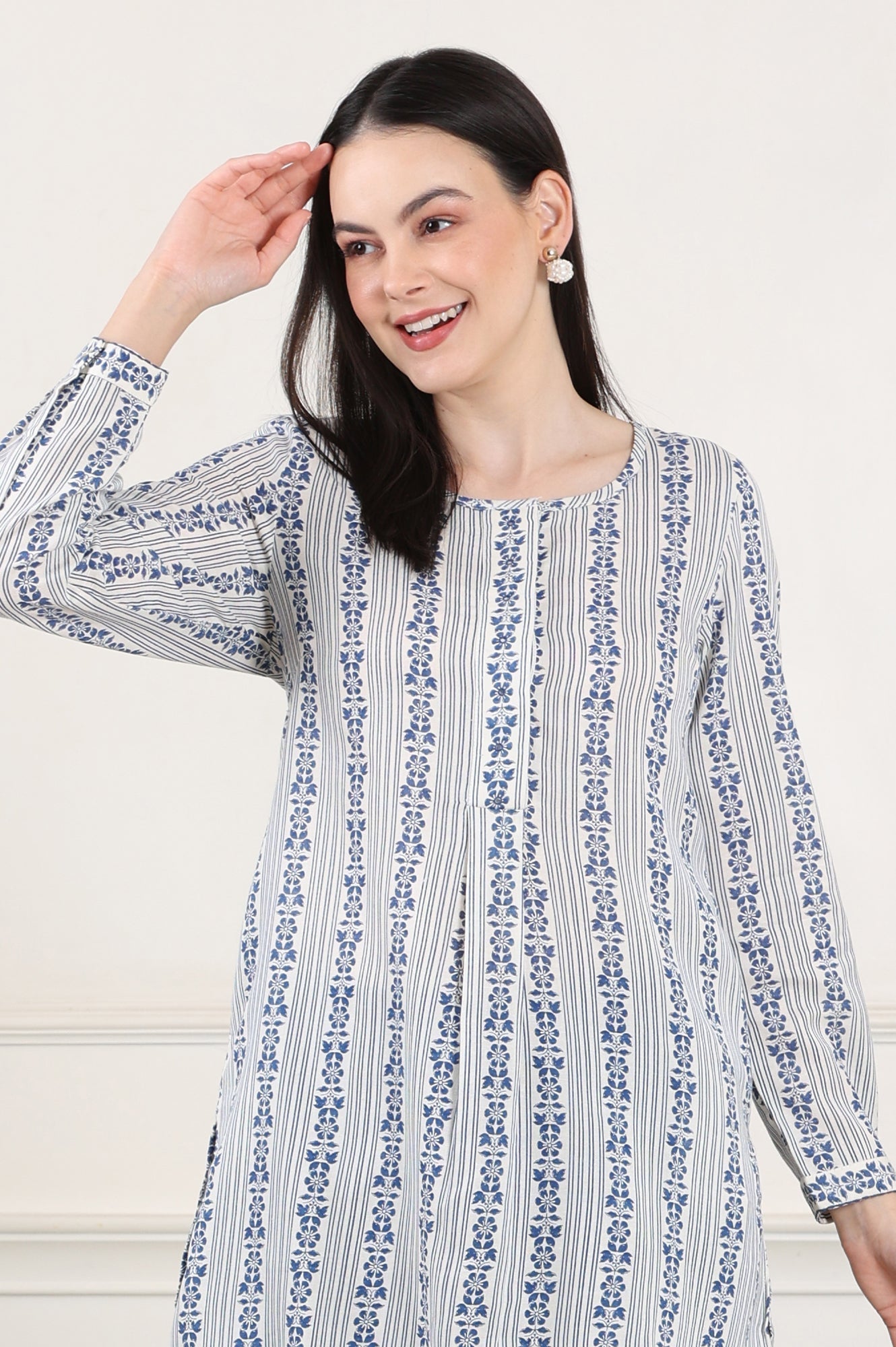W for Woman White Floral Printed Rayon Flax Tunic With Front Pleats