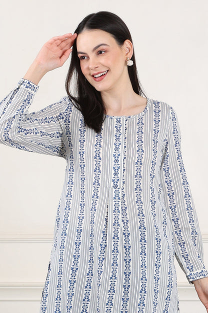 W for Woman White Floral Printed Rayon Flax Tunic With Front Pleats