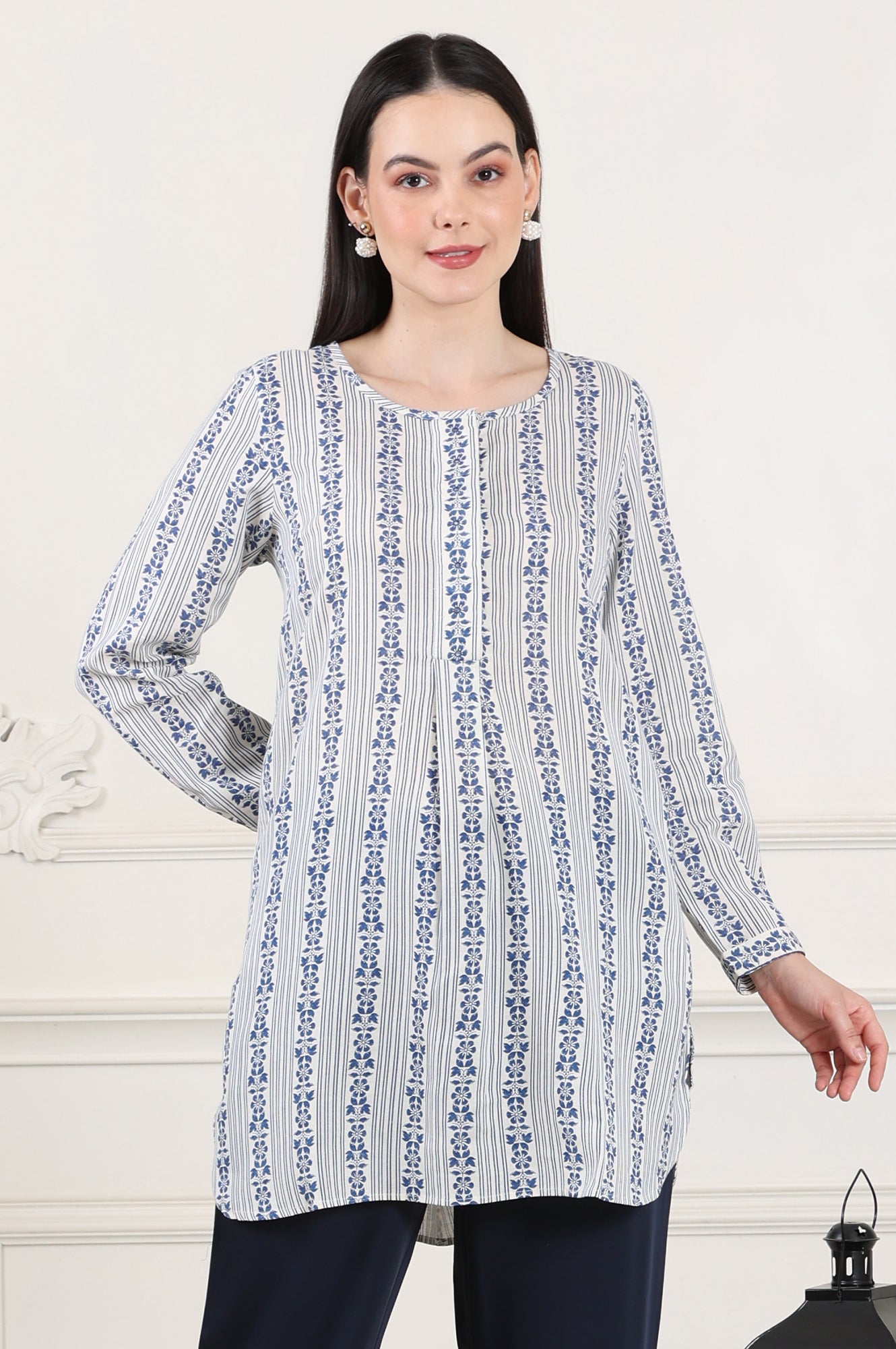 W for Woman White Floral Printed Rayon Flax Tunic With Front Pleats