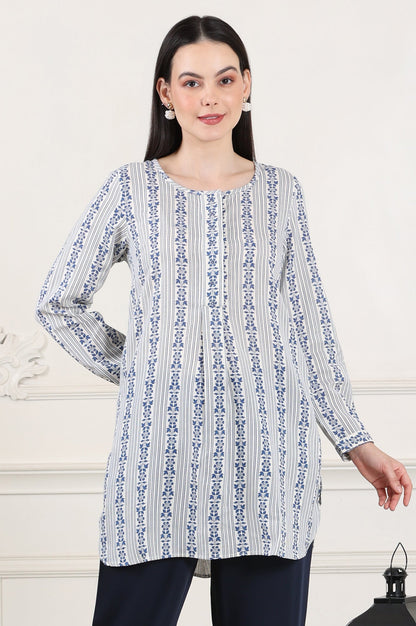W for Woman White Floral Printed Rayon Flax Tunic With Front Pleats